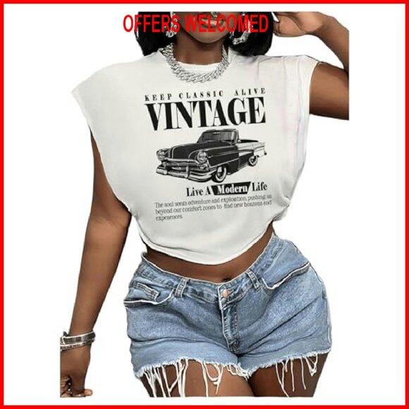 Plus Size Crop Tee Vintage Car Graphic Short Sleeve Crew Neck Casual - Picture 2 of 5